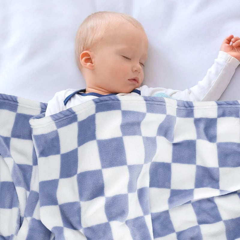 GreatBba Plush Checkered Baby Blanket for Boys Girls Nursery, 30"*40" Warm Short Fleece Blanket Neutral for Infant Newborn, Small Fuzzy for Sleeping, Chenille or Stroller (Dark Blue&White) - Image 4